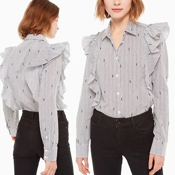 NWOT Kate Spade Penguin Print Stripe Ruffle Blouse - Picture 2 of 7